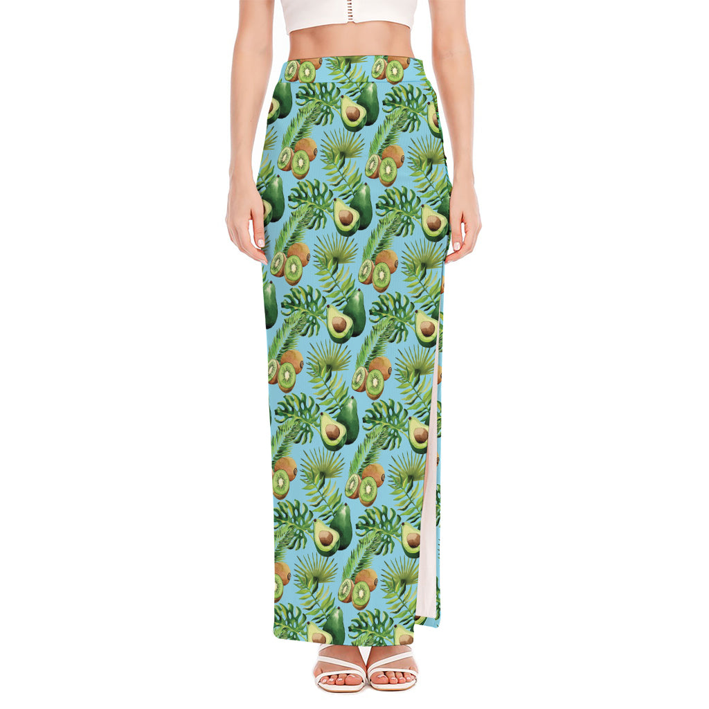 Watercolor Kiwi And Avocado Print High Slit Maxi Skirt