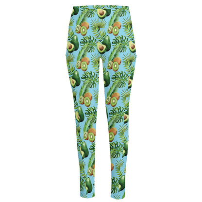 Watercolor Kiwi And Avocado Print High-Waisted Pocket Leggings