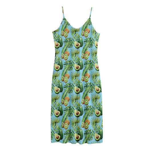 Watercolor Kiwi And Avocado Print Jersey Midi Cami Dress