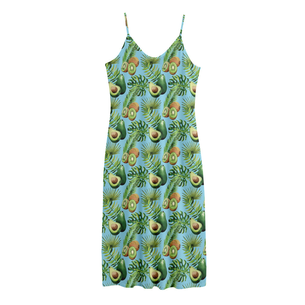 Watercolor Kiwi And Avocado Print Jersey Midi Cami Dress