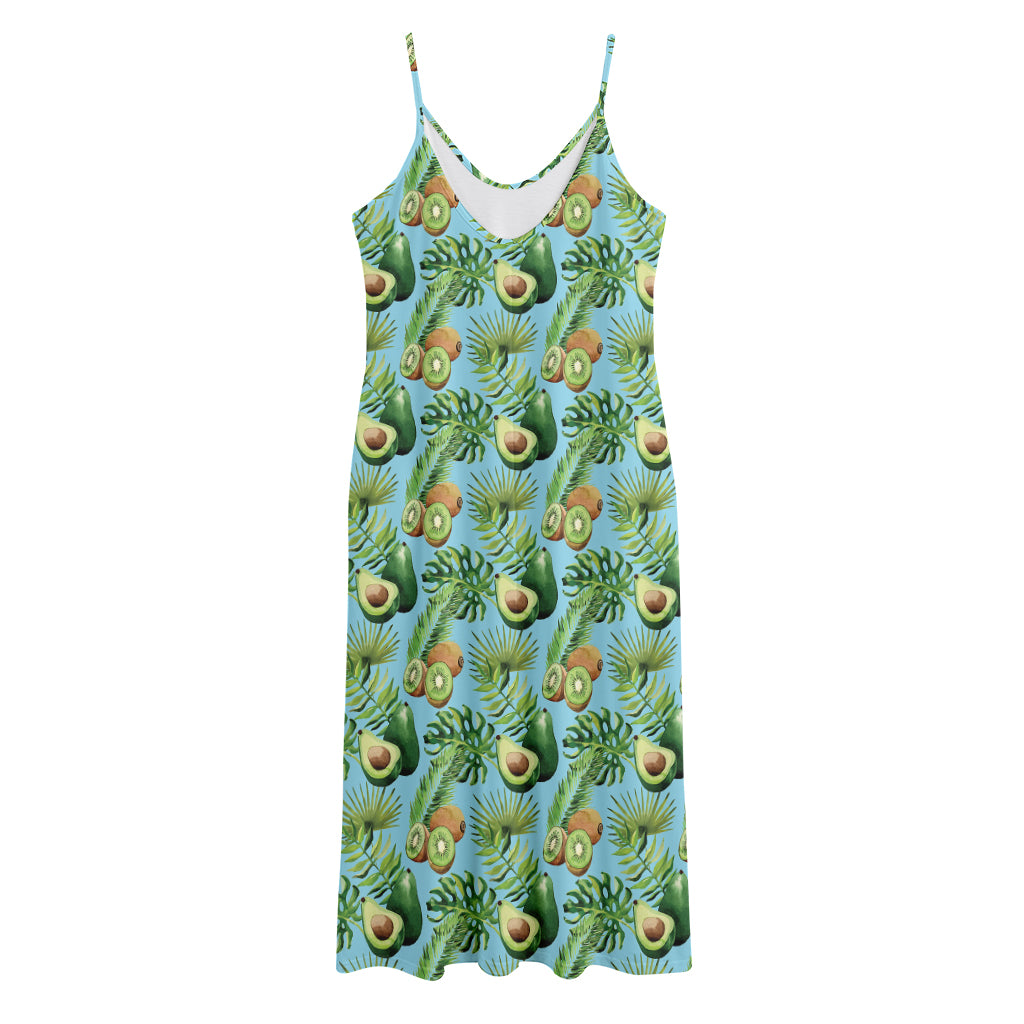 Watercolor Kiwi And Avocado Print Jersey Midi Cami Dress