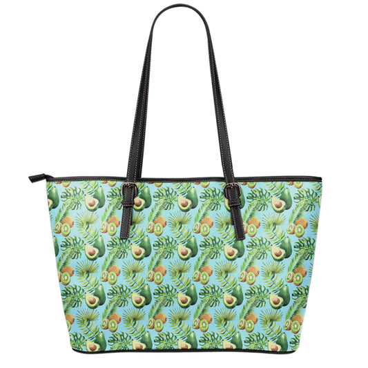 Watercolor Kiwi And Avocado Print Leather Tote Bag