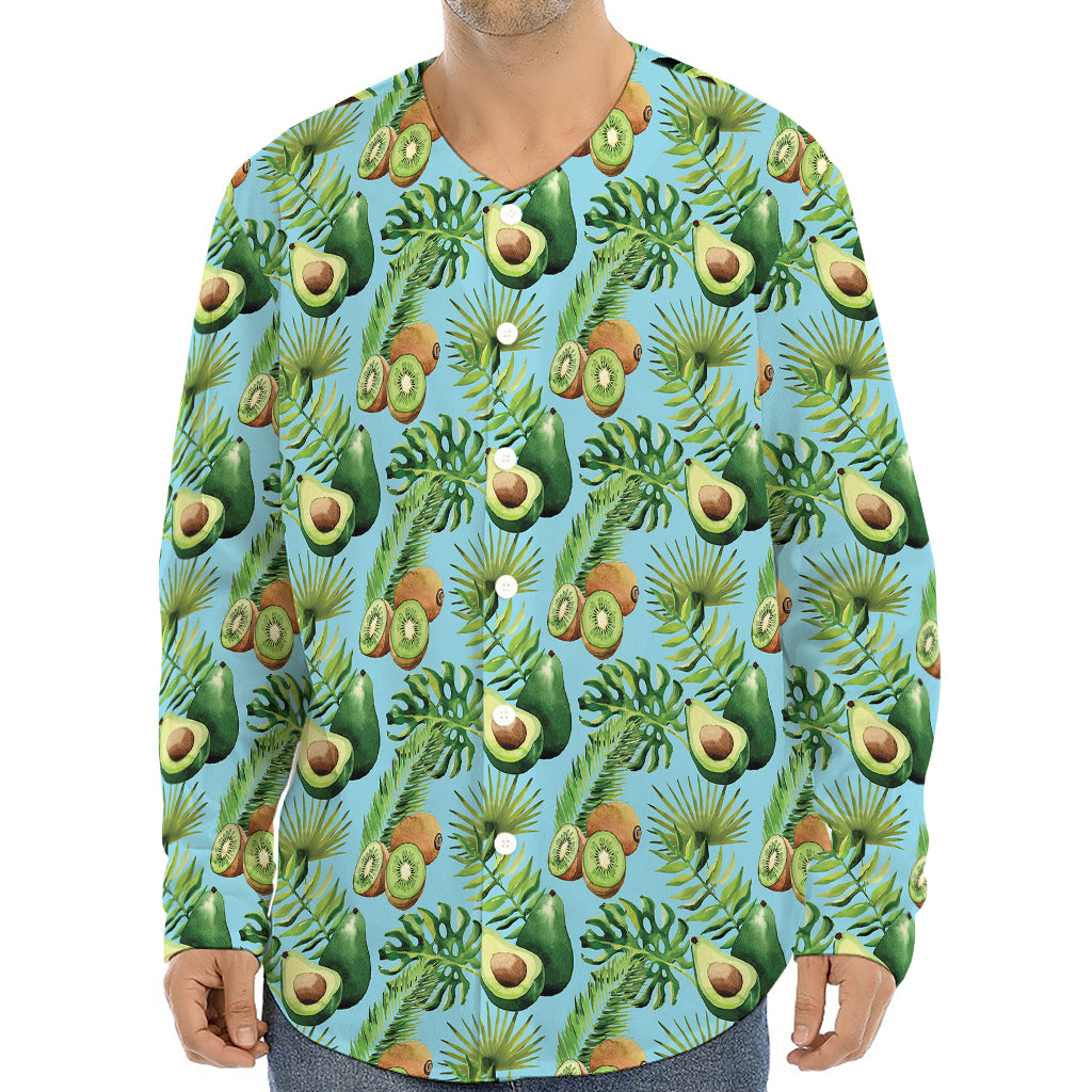 Watercolor Kiwi And Avocado Print Long Sleeve Baseball Jersey