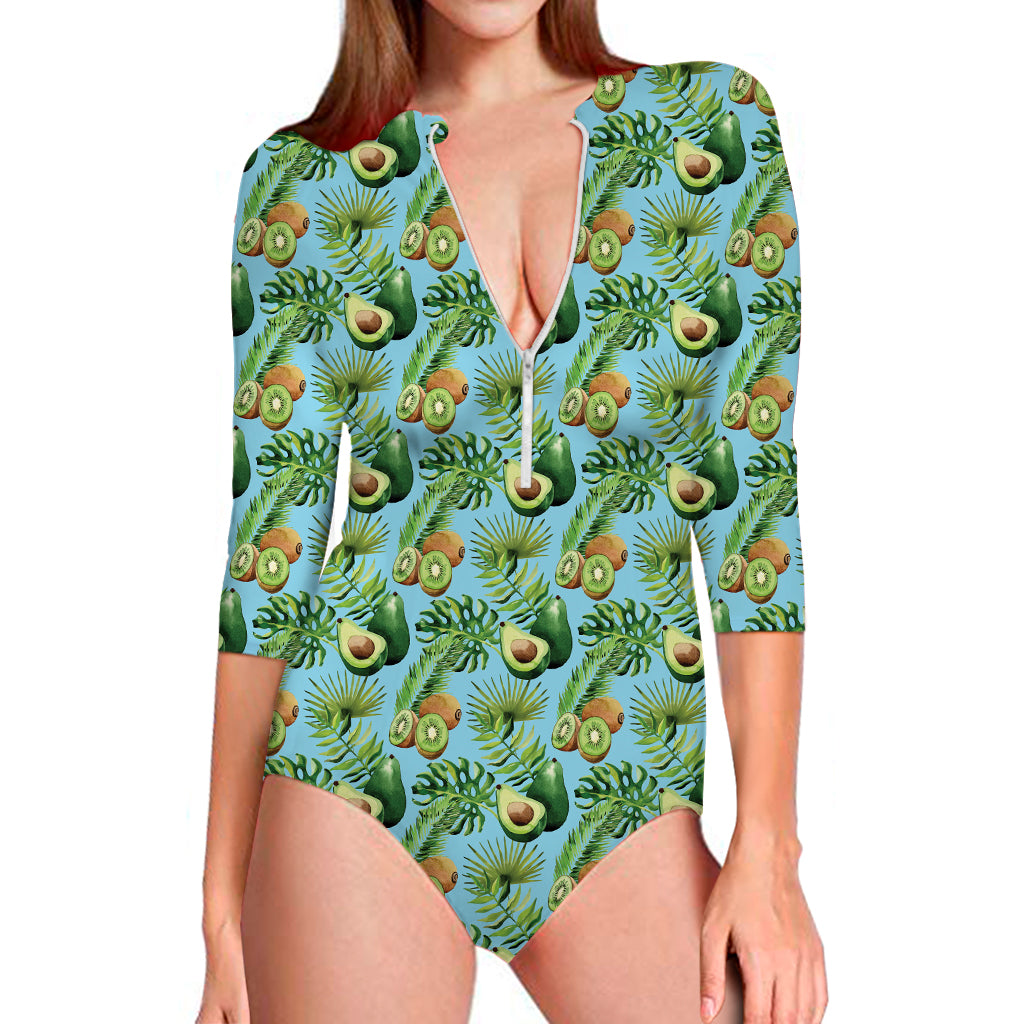 Watercolor Kiwi And Avocado Print Long Sleeve Swimsuit