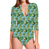 Watercolor Kiwi And Avocado Print Long Sleeve Swimsuit