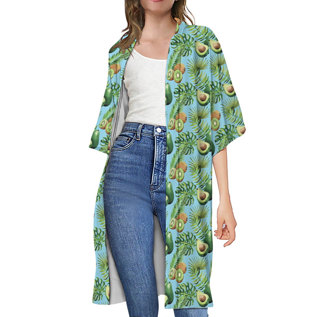 Watercolor Kiwi And Avocado Print Open Front Beach Cover Up