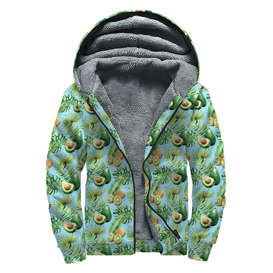 Watercolor Kiwi And Avocado Print Sherpa Lined Zip Up Hoodie