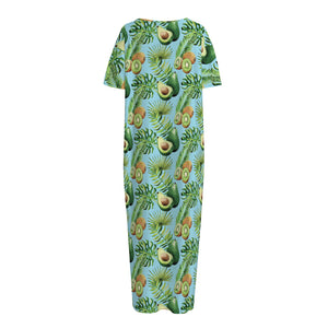 Watercolor Kiwi And Avocado Print Short Sleeve Long Nightdress