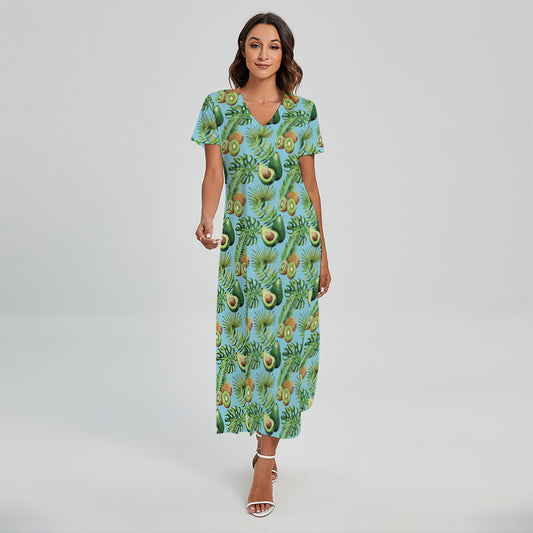 Watercolor Kiwi And Avocado Print Short Sleeve Maxi Dress
