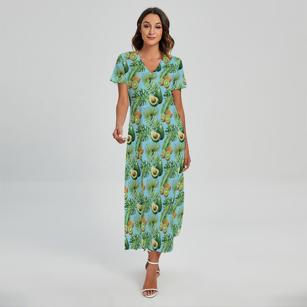 Watercolor Kiwi And Avocado Print Short Sleeve Maxi Dress