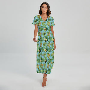 Watercolor Kiwi And Avocado Print Short Sleeve Maxi Dress