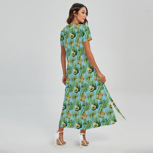 Watercolor Kiwi And Avocado Print Short Sleeve Maxi Dress