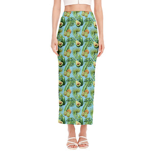 Watercolor Kiwi And Avocado Print Side Slit Maxi Skirt