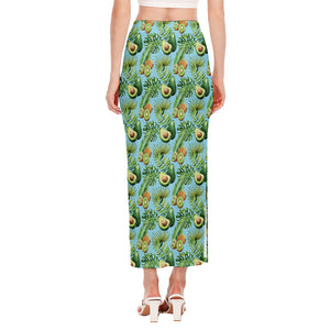 Watercolor Kiwi And Avocado Print Side Slit Maxi Skirt