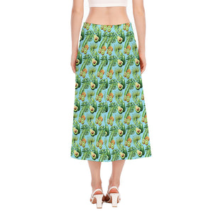 Watercolor Kiwi And Avocado Print Side Slit Midi Skirt