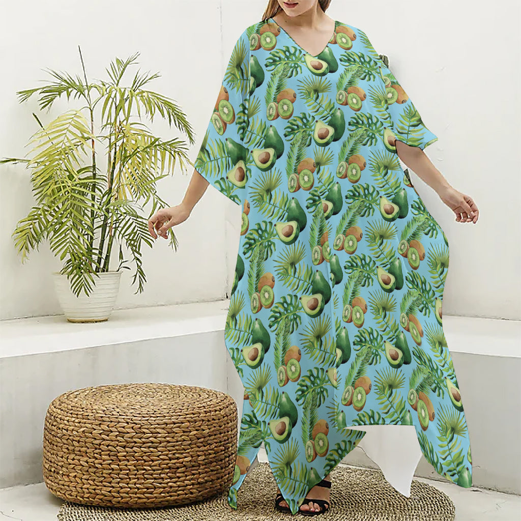 Watercolor Kiwi And Avocado Print Silk V-Neck Kaftan Dress