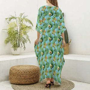 Watercolor Kiwi And Avocado Print Silk V-Neck Kaftan Dress