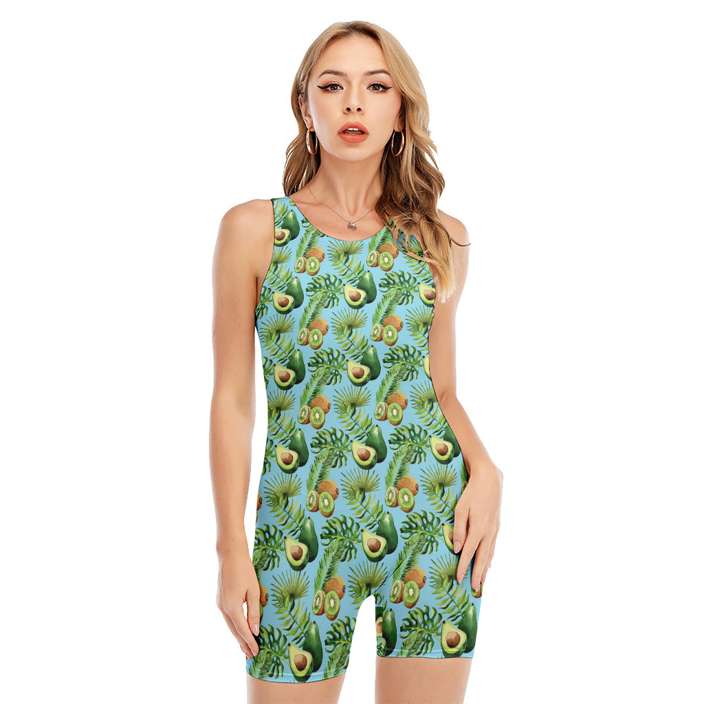 Watercolor Kiwi And Avocado Print Sleeveless One Piece Swimsuit