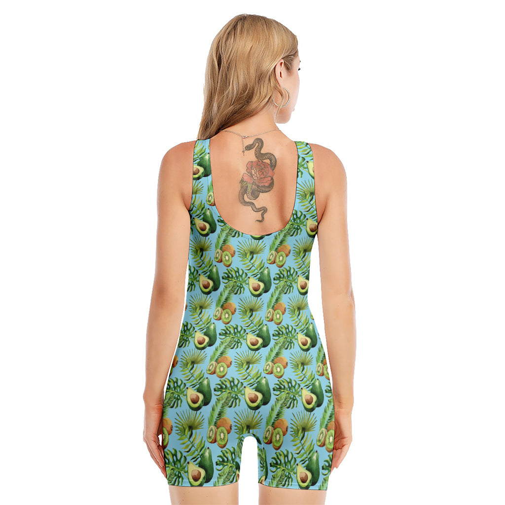 Watercolor Kiwi And Avocado Print Sleeveless One Piece Swimsuit