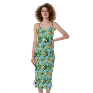 Watercolor Kiwi And Avocado Print Slim Fit Midi Cami Dress