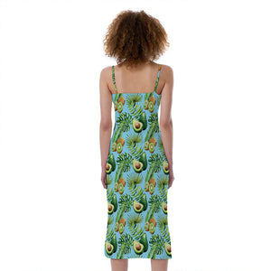 Watercolor Kiwi And Avocado Print Slim Fit Midi Cami Dress