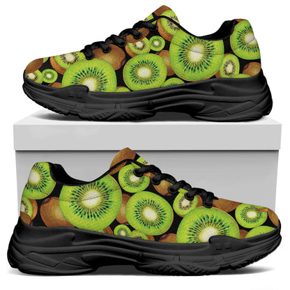 Watercolor Kiwi Pattern Print Black Chunky Shoes