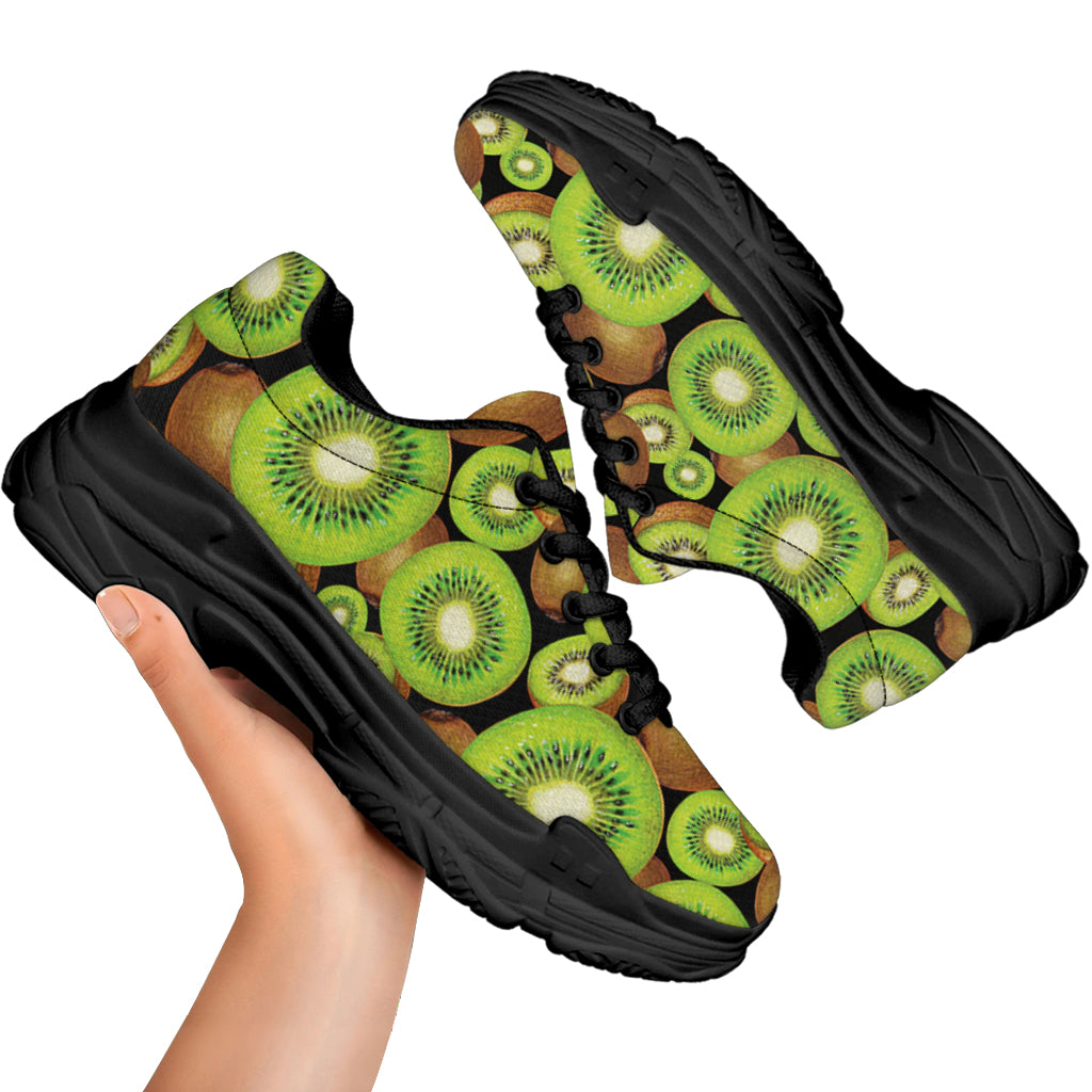 Watercolor Kiwi Pattern Print Black Chunky Shoes