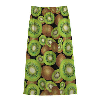 Watercolor Kiwi Pattern Print Cotton Front Slit Maxi Skirt