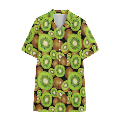 Watercolor Kiwi Pattern Print Cotton Hawaiian Shirt