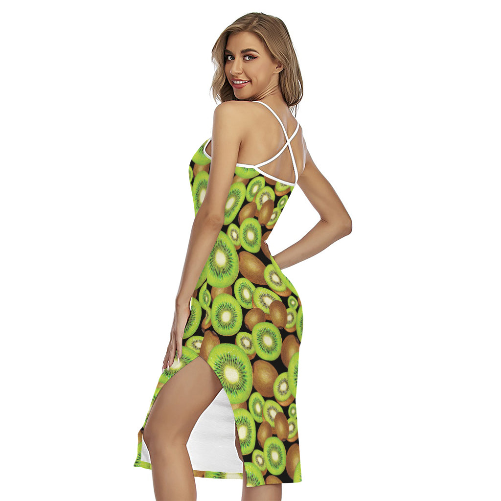 Watercolor Kiwi Pattern Print Cross Back Cami Dress