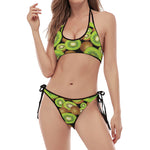 Watercolor Kiwi Pattern Print Halter Scoop Tie Side Bikini