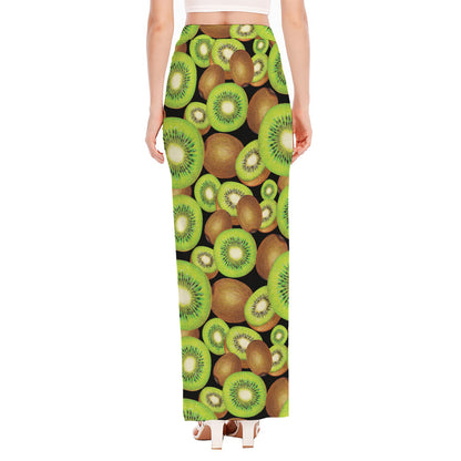 Watercolor Kiwi Pattern Print High Slit Maxi Skirt
