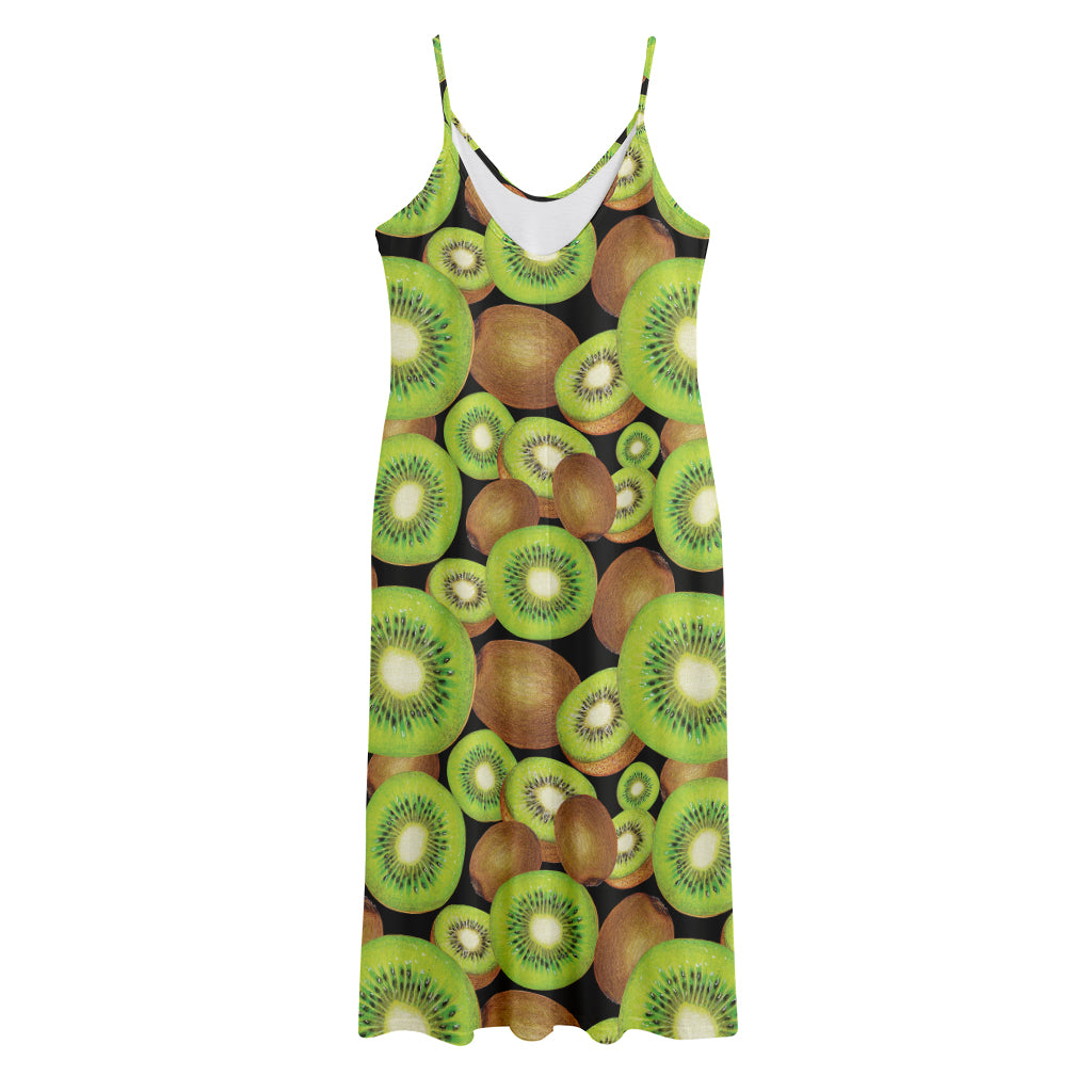 Watercolor Kiwi Pattern Print Jersey Midi Cami Dress