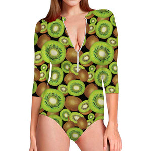 Watercolor Kiwi Pattern Print Long Sleeve Swimsuit