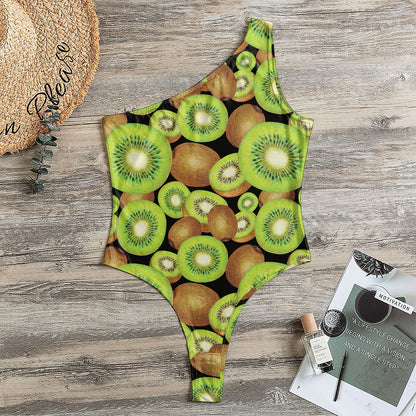 Watercolor Kiwi Pattern Print One Shoulder Bodysuit