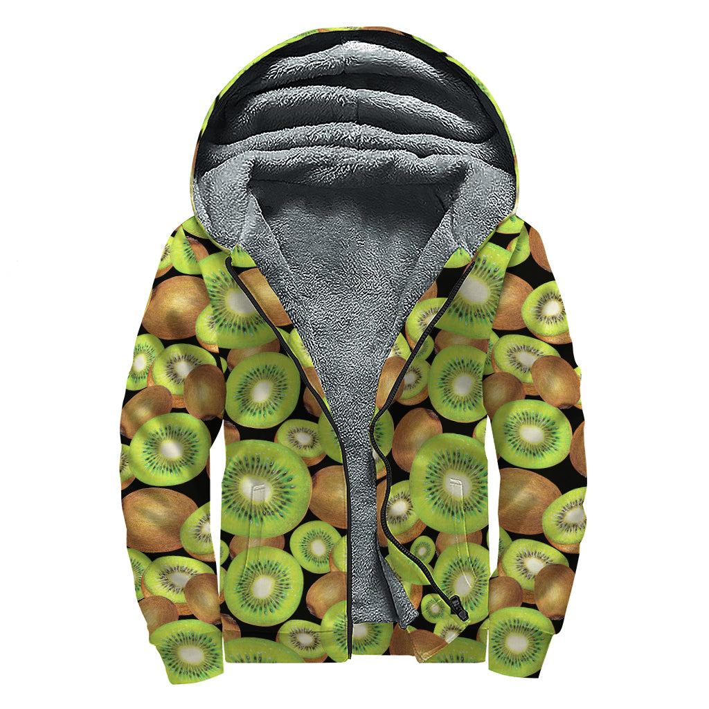 Watercolor Kiwi Pattern Print Sherpa Lined Zip Up Hoodie