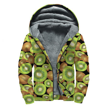 Watercolor Kiwi Pattern Print Sherpa Lined Zip Up Hoodie