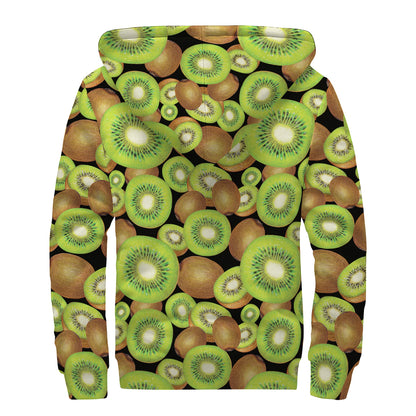 Watercolor Kiwi Pattern Print Sherpa Lined Zip Up Hoodie