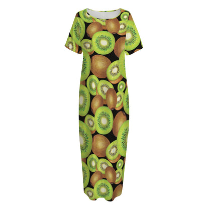 Watercolor Kiwi Pattern Print Short Sleeve Long Nightdress
