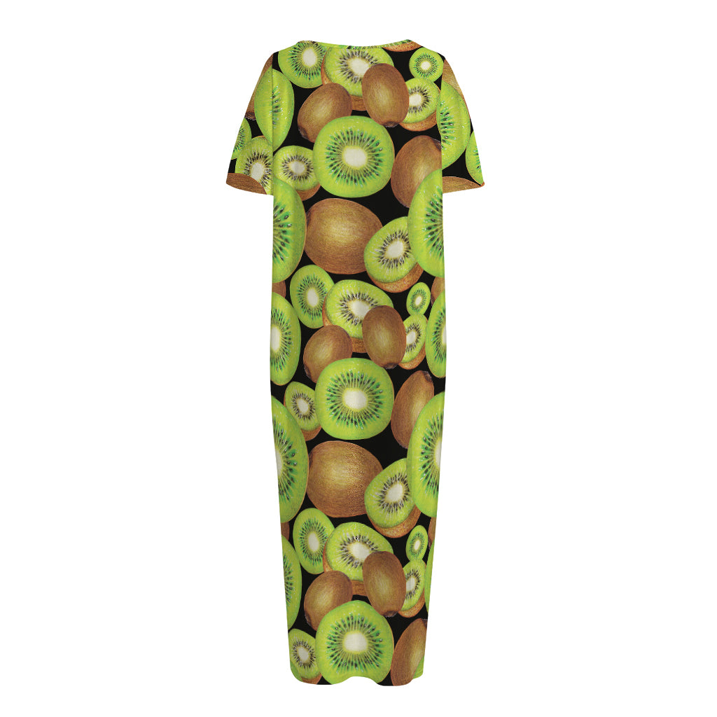 Watercolor Kiwi Pattern Print Short Sleeve Long Nightdress