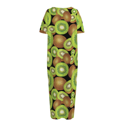 Watercolor Kiwi Pattern Print Short Sleeve Long Nightdress
