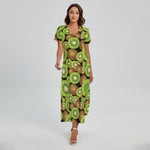 Watercolor Kiwi Pattern Print Short Sleeve Maxi Dress