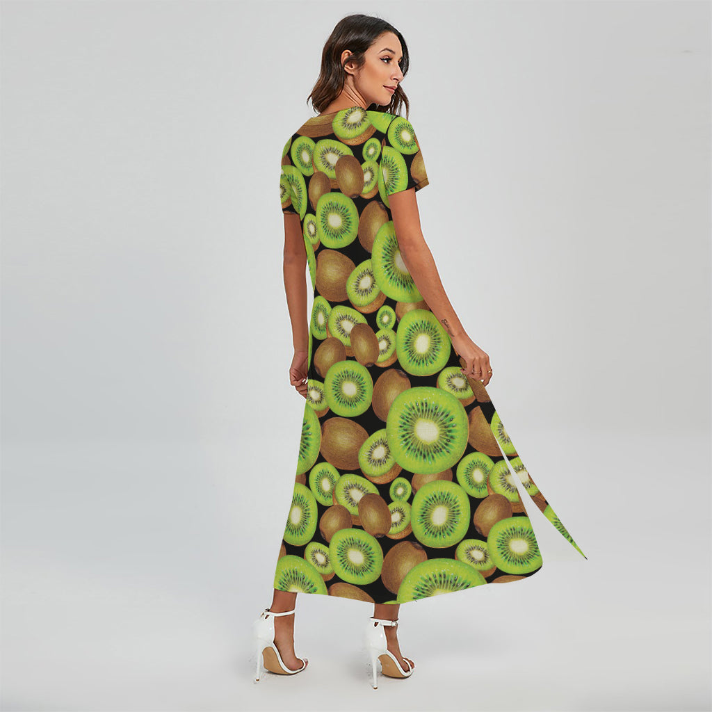 Watercolor Kiwi Pattern Print Short Sleeve Maxi Dress