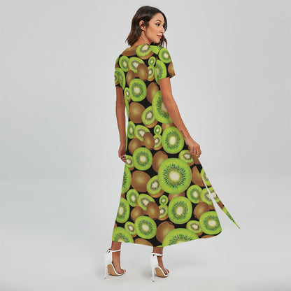 Watercolor Kiwi Pattern Print Short Sleeve Maxi Dress