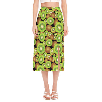 Watercolor Kiwi Pattern Print Side Slit Midi Skirt