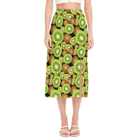 Watercolor Kiwi Pattern Print Side Slit Midi Skirt