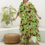 Watercolor Kiwi Pattern Print Silk V-Neck Kaftan Dress