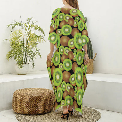 Watercolor Kiwi Pattern Print Silk V-Neck Kaftan Dress