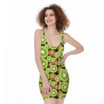 Watercolor Kiwi Pattern Print Sleeveless Bodycon Dress