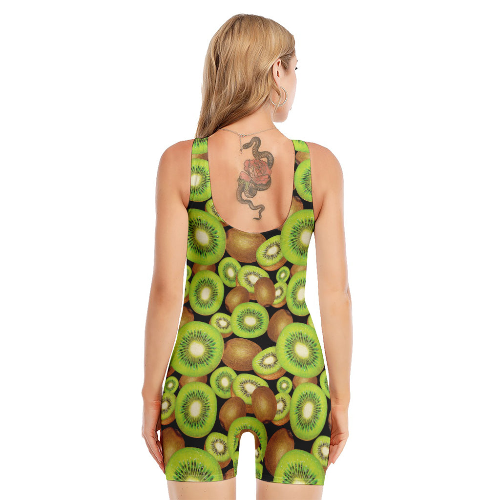 Watercolor Kiwi Pattern Print Sleeveless One Piece Swimsuit